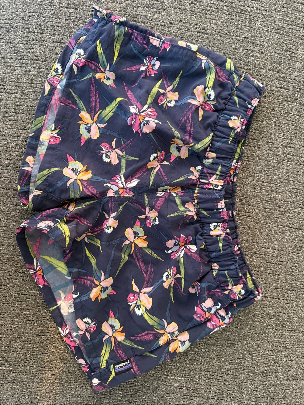 Patagonia Navy Floral Athletic Shorts with Pink, Yellow & Green Print